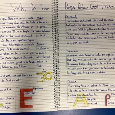 RE knowledge organisers showing our learning this term