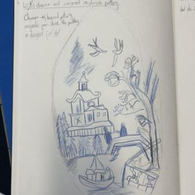 In art, we used the discipline of interpretation to create observational drawings and comment on the Blue Willow pattern seen on Chinese pottery.